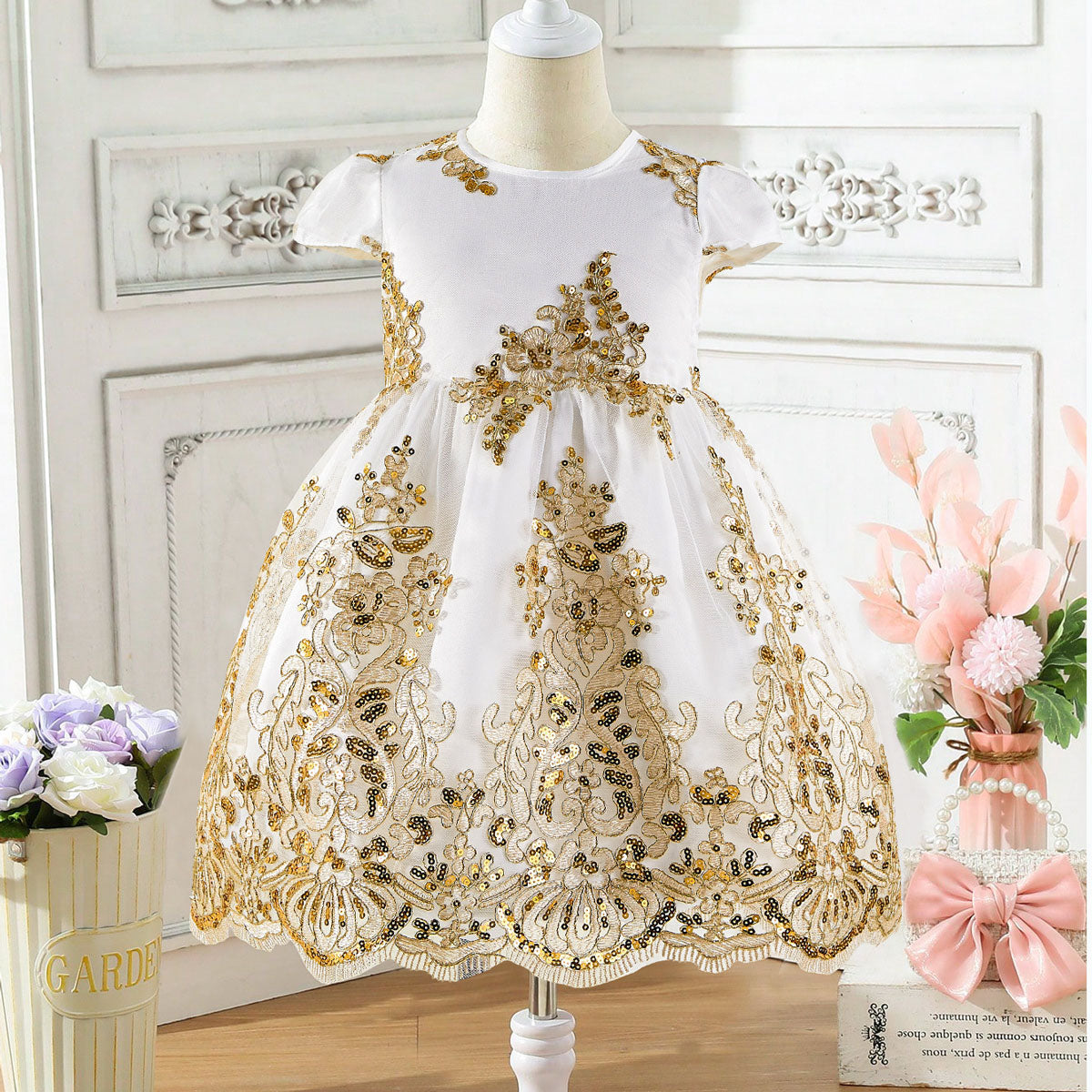 Toddler Girl's Gorgeous Elegant Style Golden Lace  Short Sleeves Dress