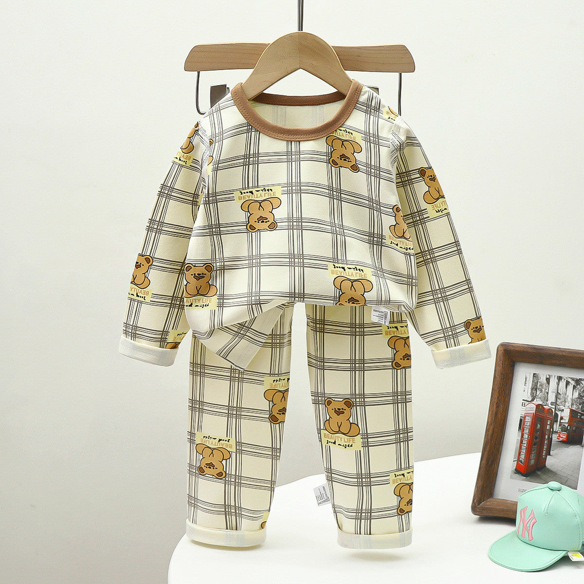 Boys' Plaid Cartoon Home Clothes Set