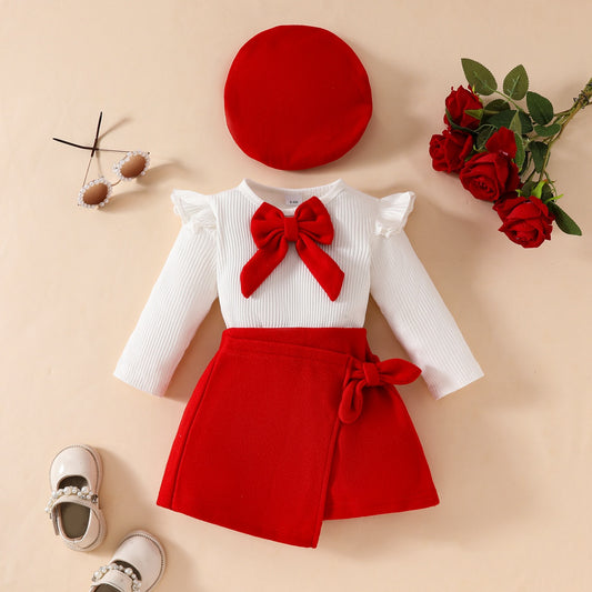 Toddler Girl Fashion Big Bow Ribbon Fabric Top + Tweed Fabric Skirt + Beret Three-piece Set