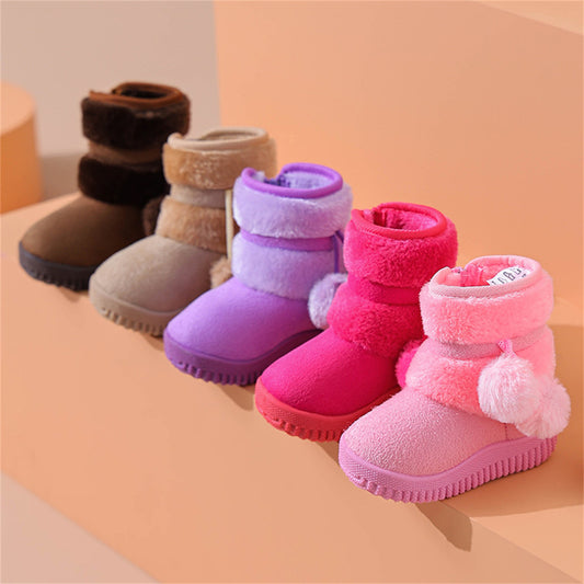 Children's girls cute bright color furry cute snow boots waterproof non-slip high top cotton shoes