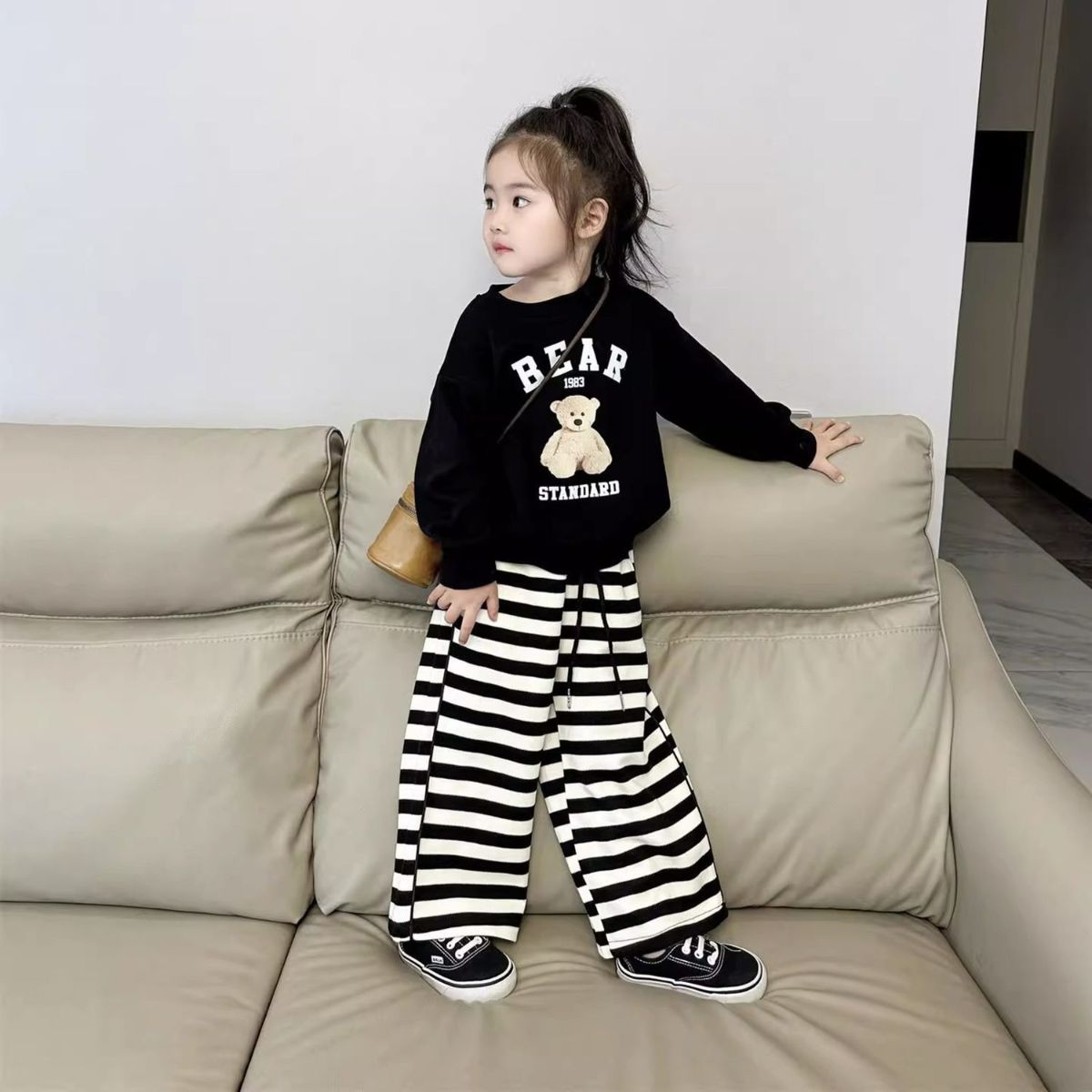 Girls Cartoon Sweatshirt Striped Wide Leg Pants Suit Casual Two-piece Suit