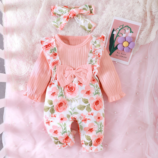 Baby Girl Long Sleeve Striped Cotton with Flower Long Leg Romper