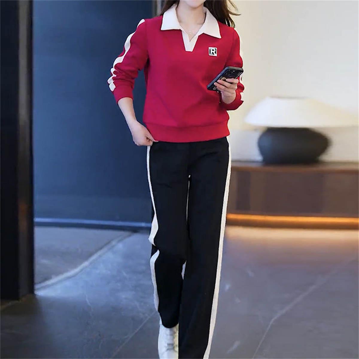 Women's simple lapel sweatshirt + sweatpants two-piece set