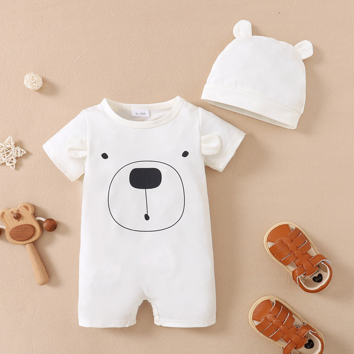 Baby Boy Bear Printed Short-sleeve Bodysuit With Hat