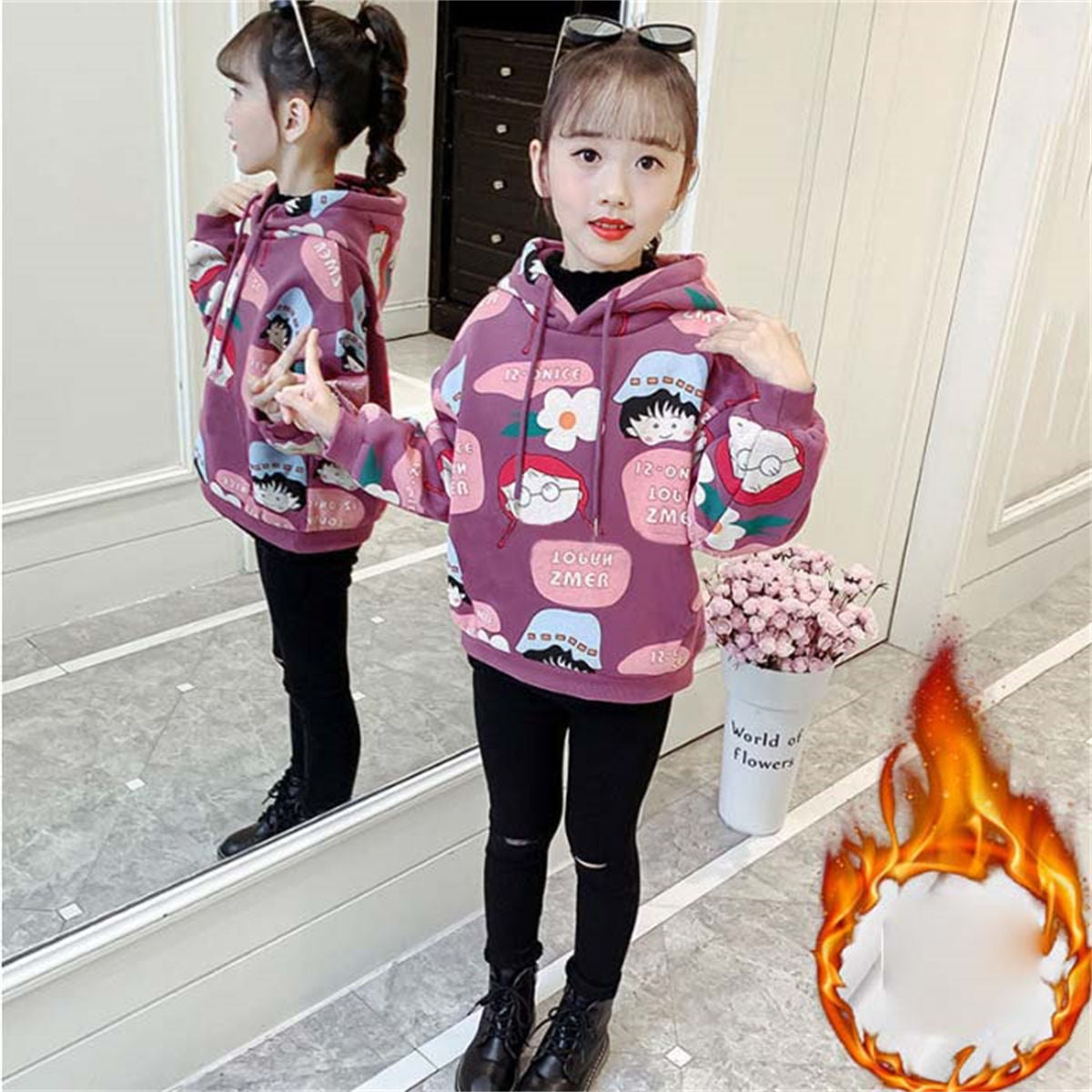 Winter plus velvet cartoon pattern cute style hooded pullover sweatshirt for middle and large children girls