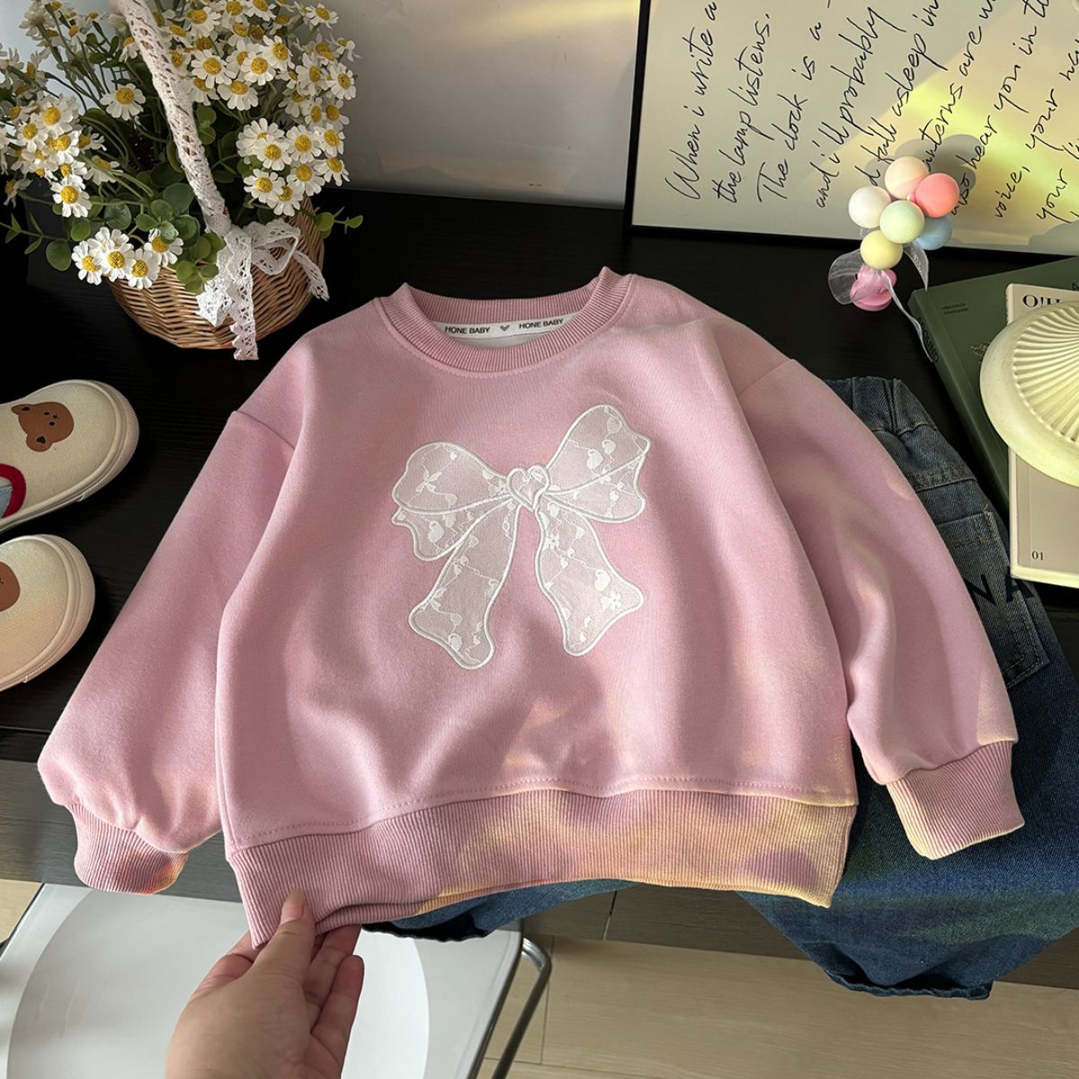 Spring and Autumn Girls Sweatshirt Bowknot Round Neck Loose and Comfortable New Children's Bottoming Shirt Top Children's Clothing