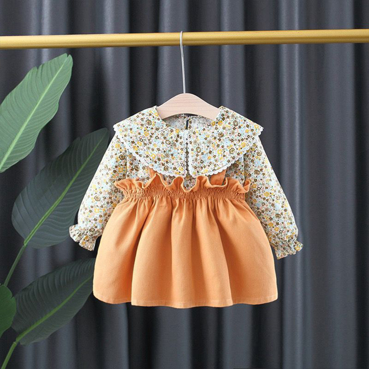 Spring and autumn new floral skirt girls fashionable fake two-piece dress