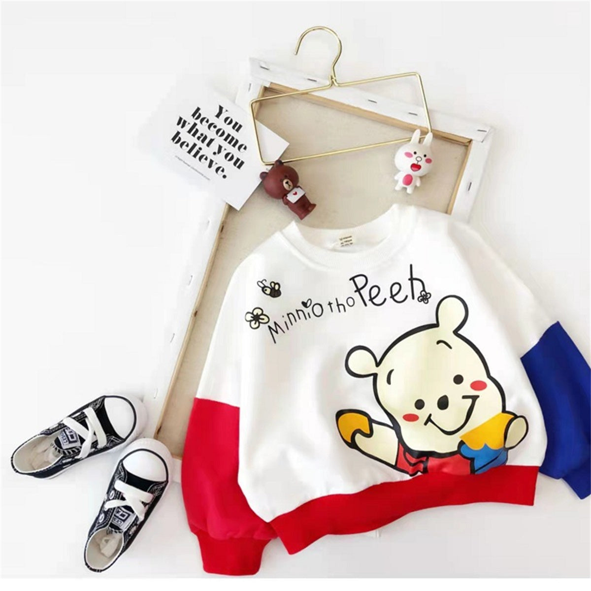 Boys and girls baby stylish cartoon bear contrast color long sleeve sweatshirt