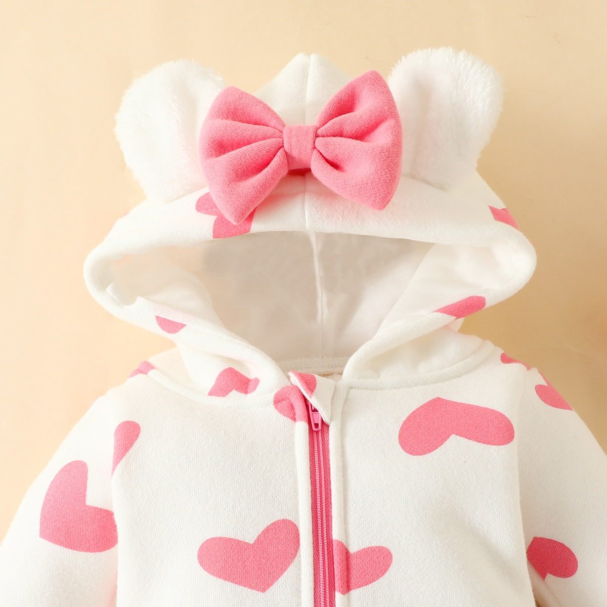 Baby Girl Allover Heart Printed Bowknot Decor Hooded Long-sleeved Long-leg Romper