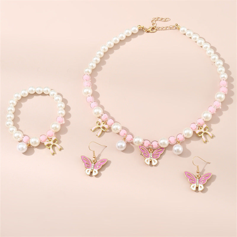 Children's 3-piece sweet pink pearl beaded butterfly pendant jewelry set