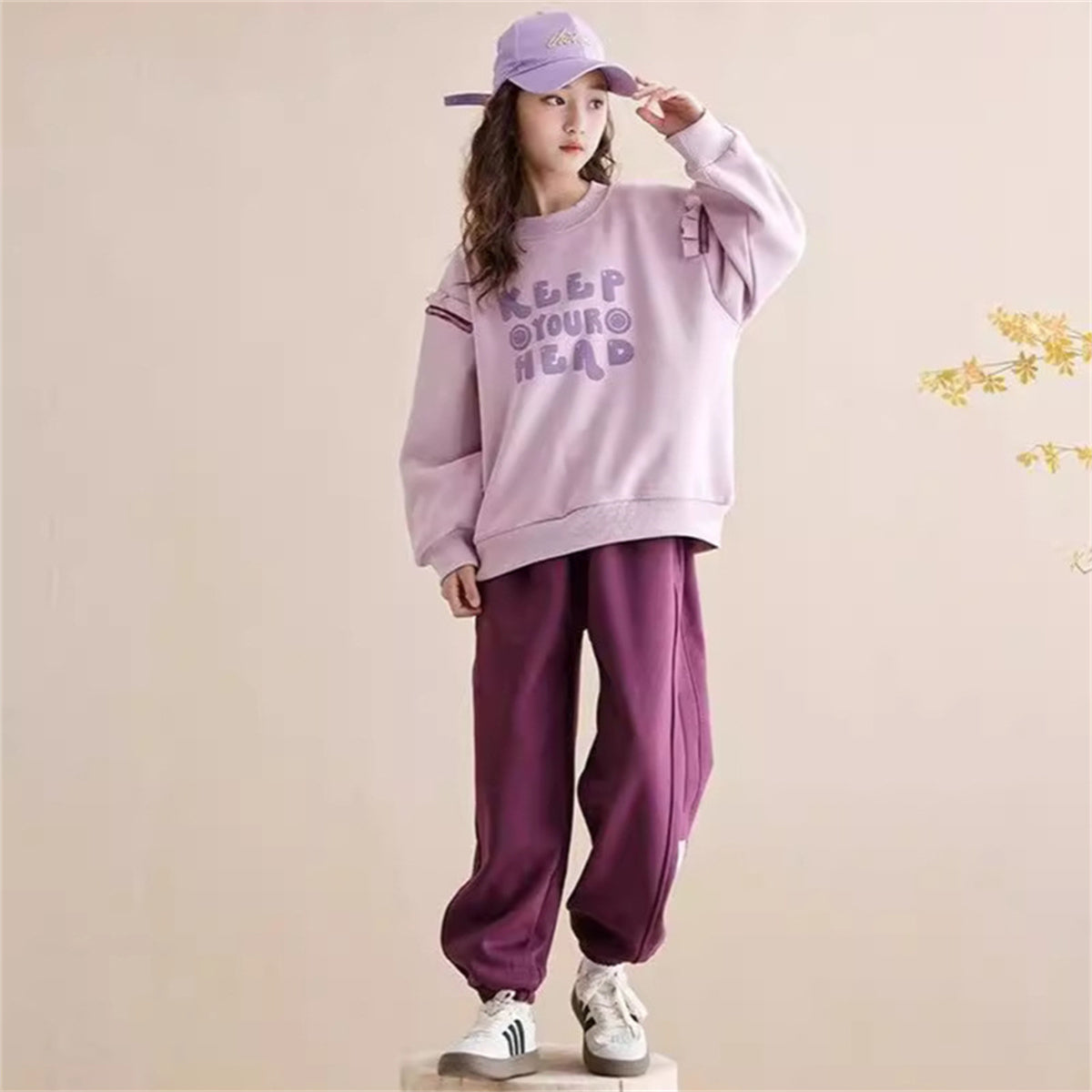 2-piece set for medium and large children and girls, simple and elegant style, letter style, small ruffled sweater suit