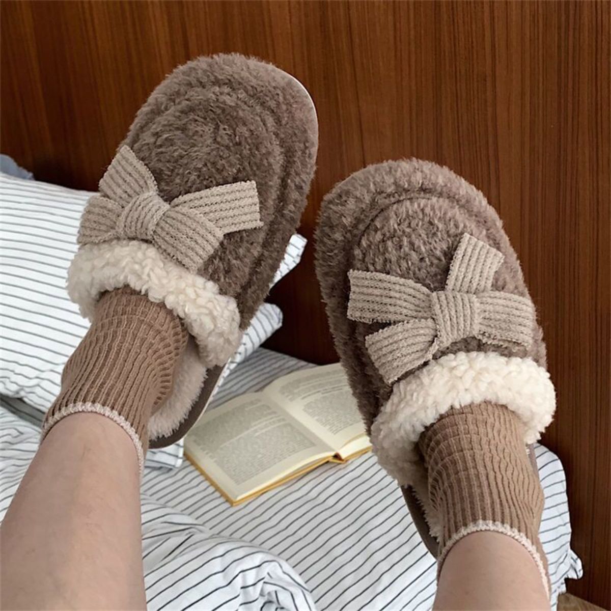 Bowknot warm non-slip plush cotton slippers