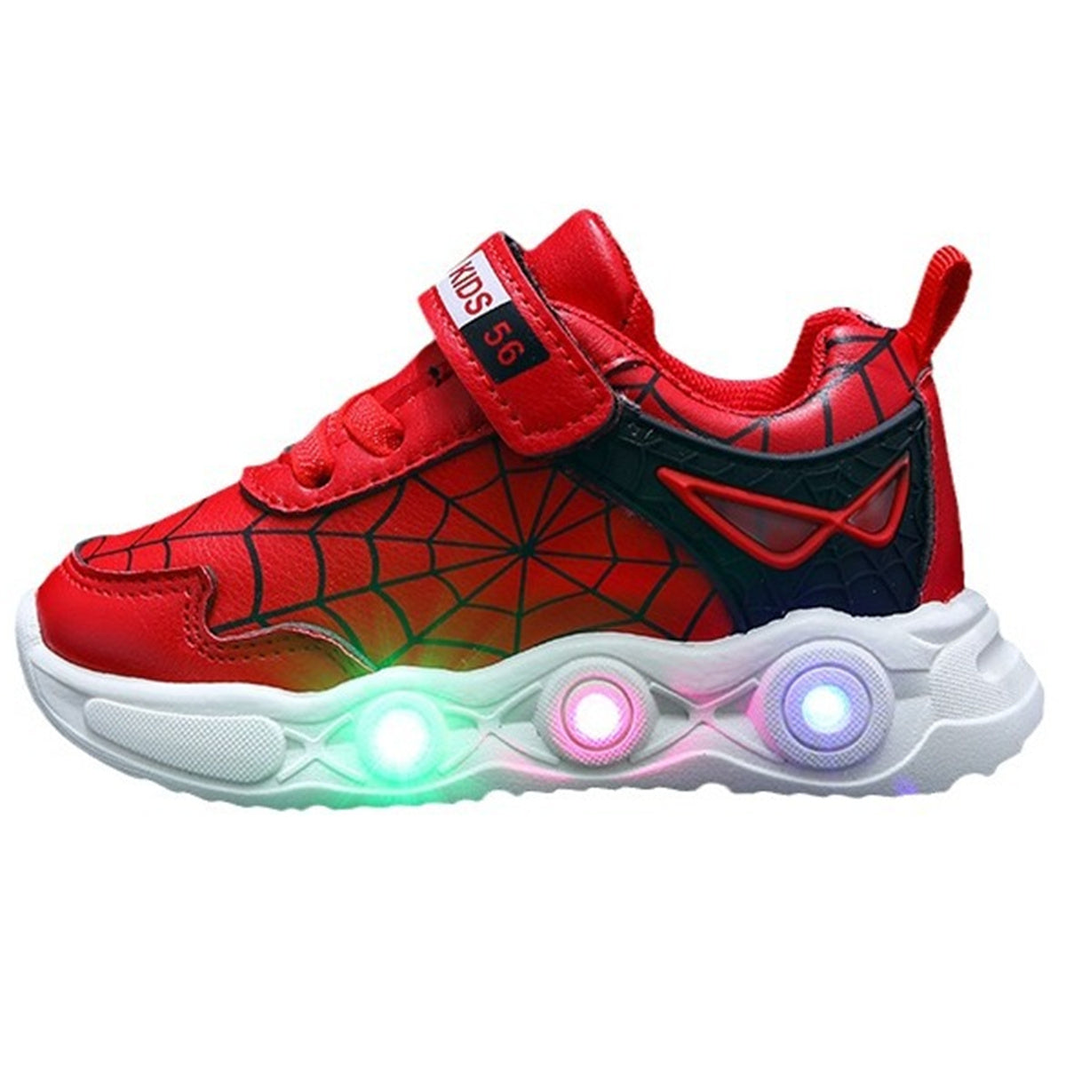 New children's cartoon sports shoes with lights in spring and autumn, leather spider web LED luminous children's shoes for 1-6 years old boys