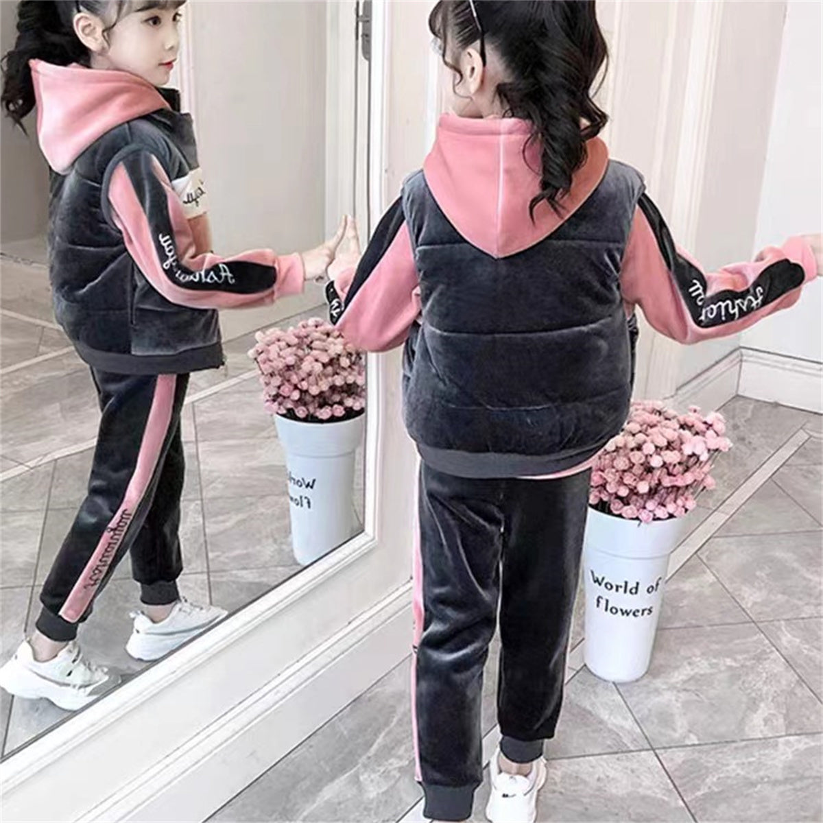 Girls' fashionable daily thickened sports three-piece suit