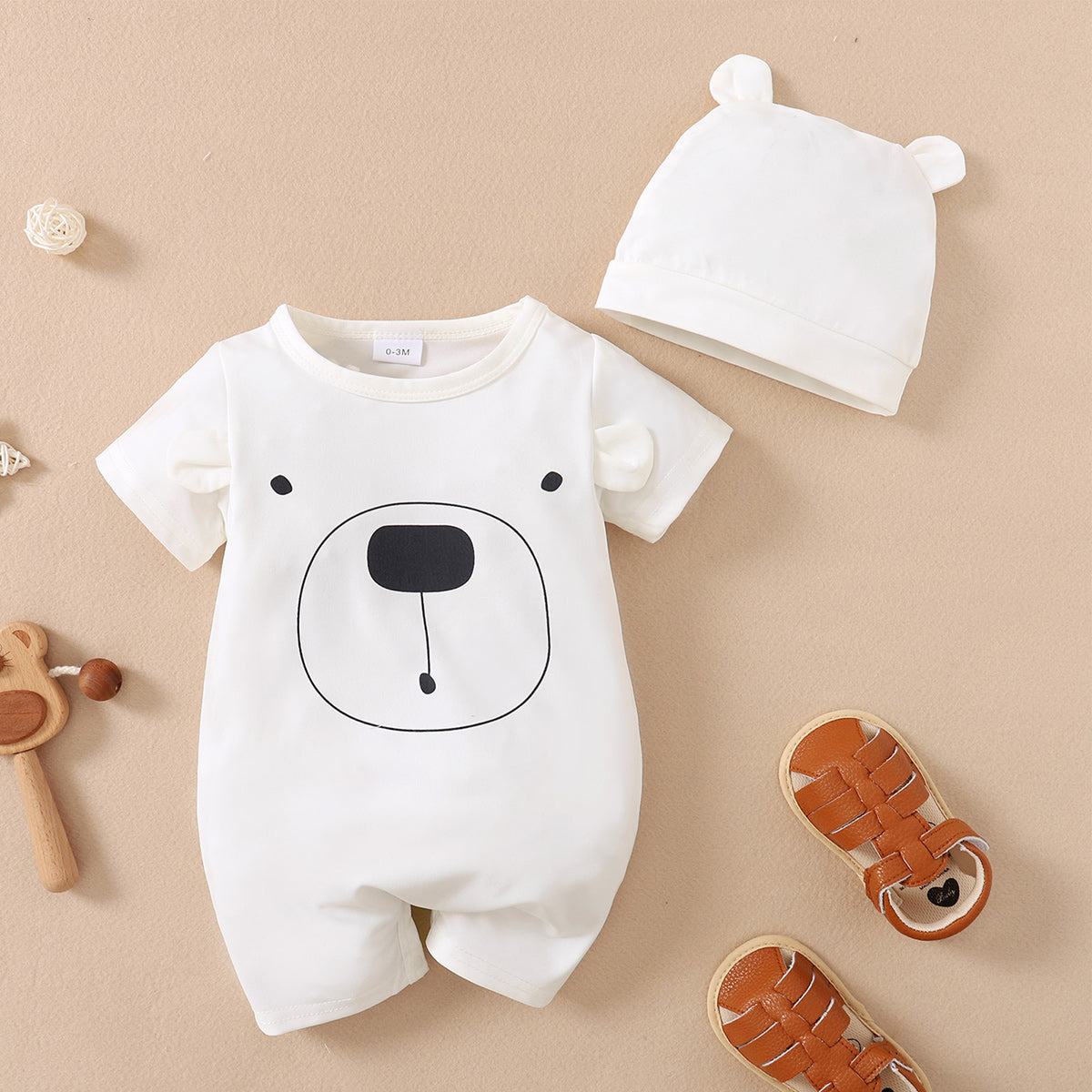 Baby Boy Bear Printed Short-sleeve Bodysuit With Hat