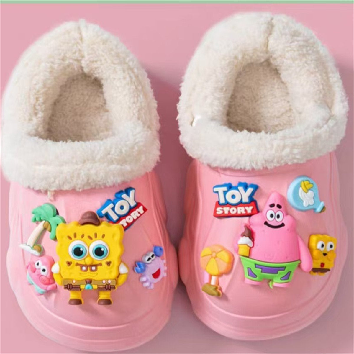 Children's autumn and winter boys and girls' SpongeBob SquarePants plush warm furry shoes non-slip soft bottom closed toe cotton slippers