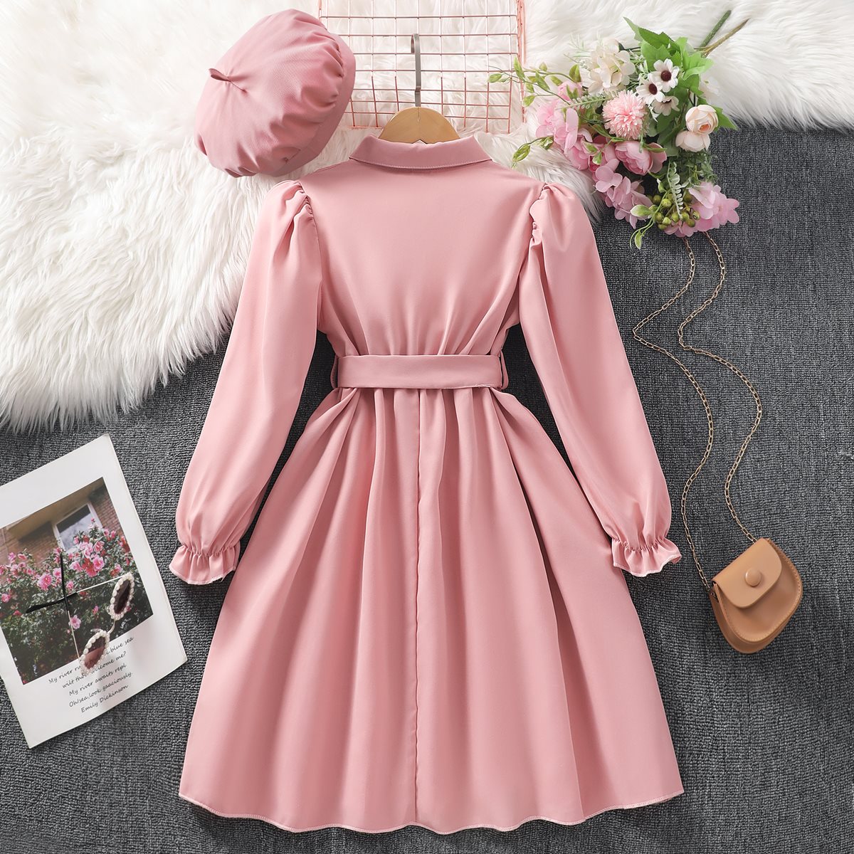 Girls' long-sleeved lapel solid color dress with belt and hat