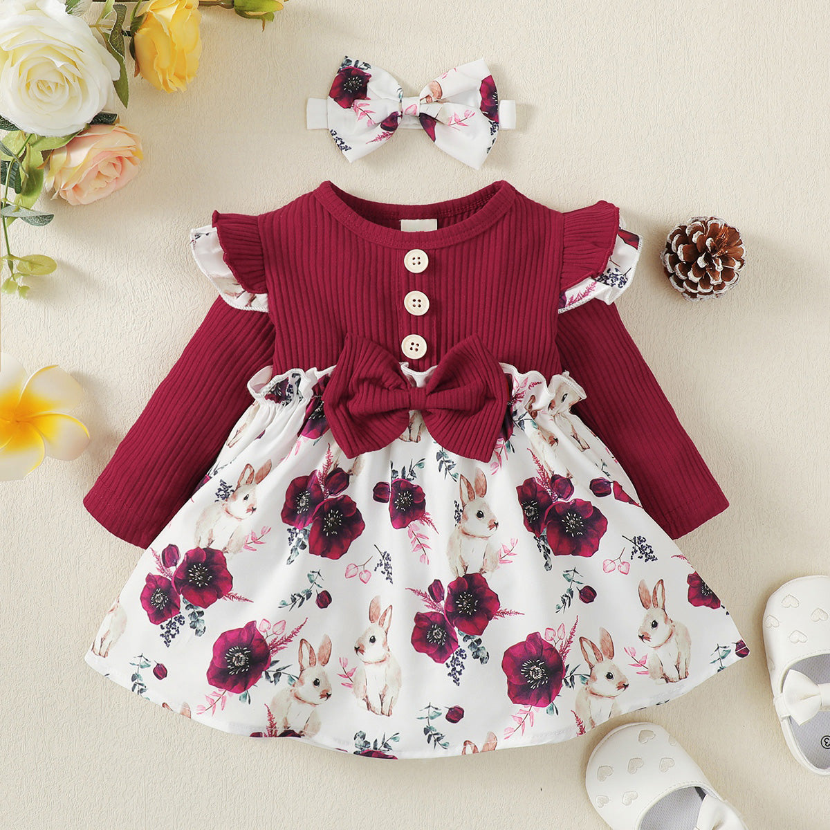 Baby Floral Bowknot Decor Long Sleeve Dress With Headband