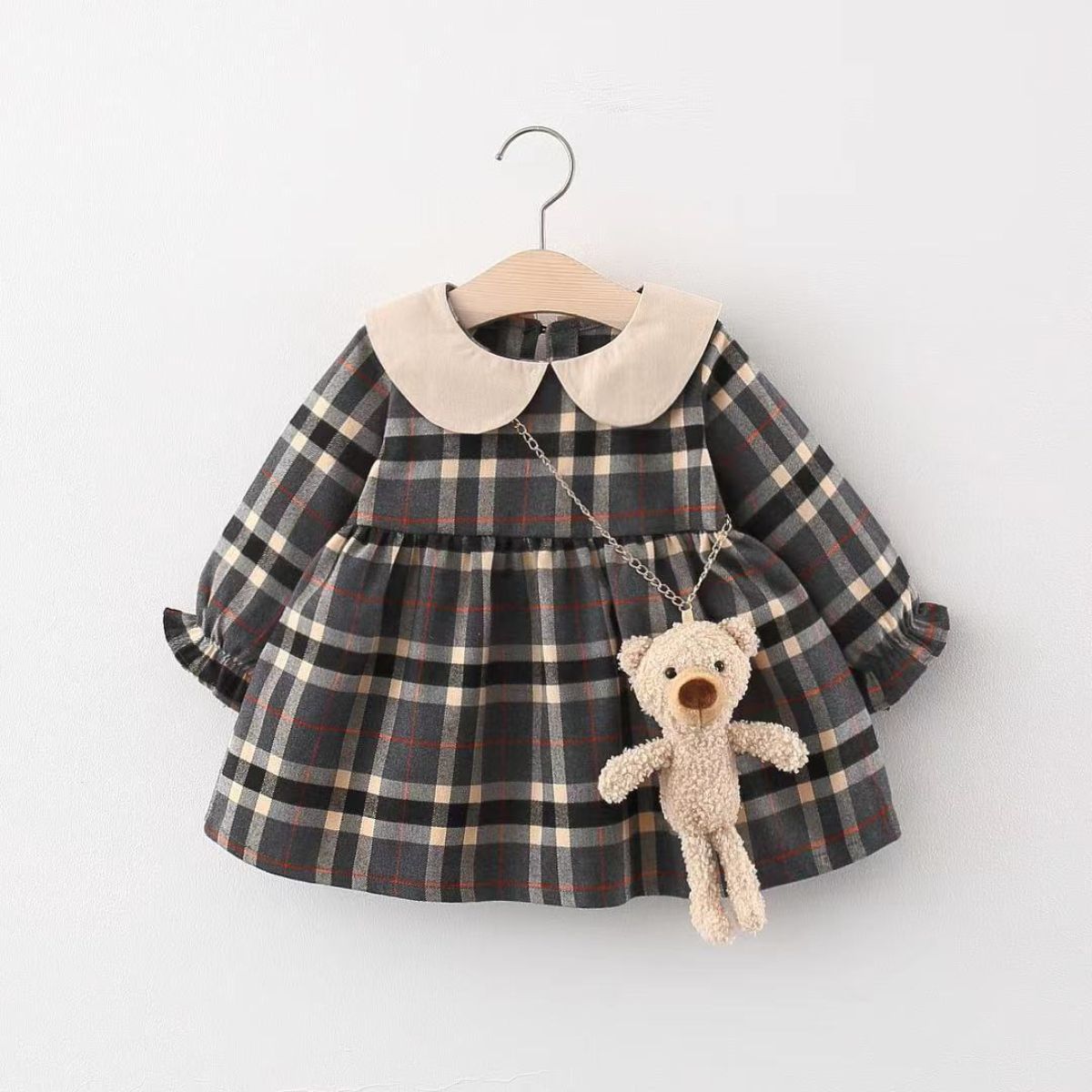 Autumn Girls Plaid Dress with Bear Bag