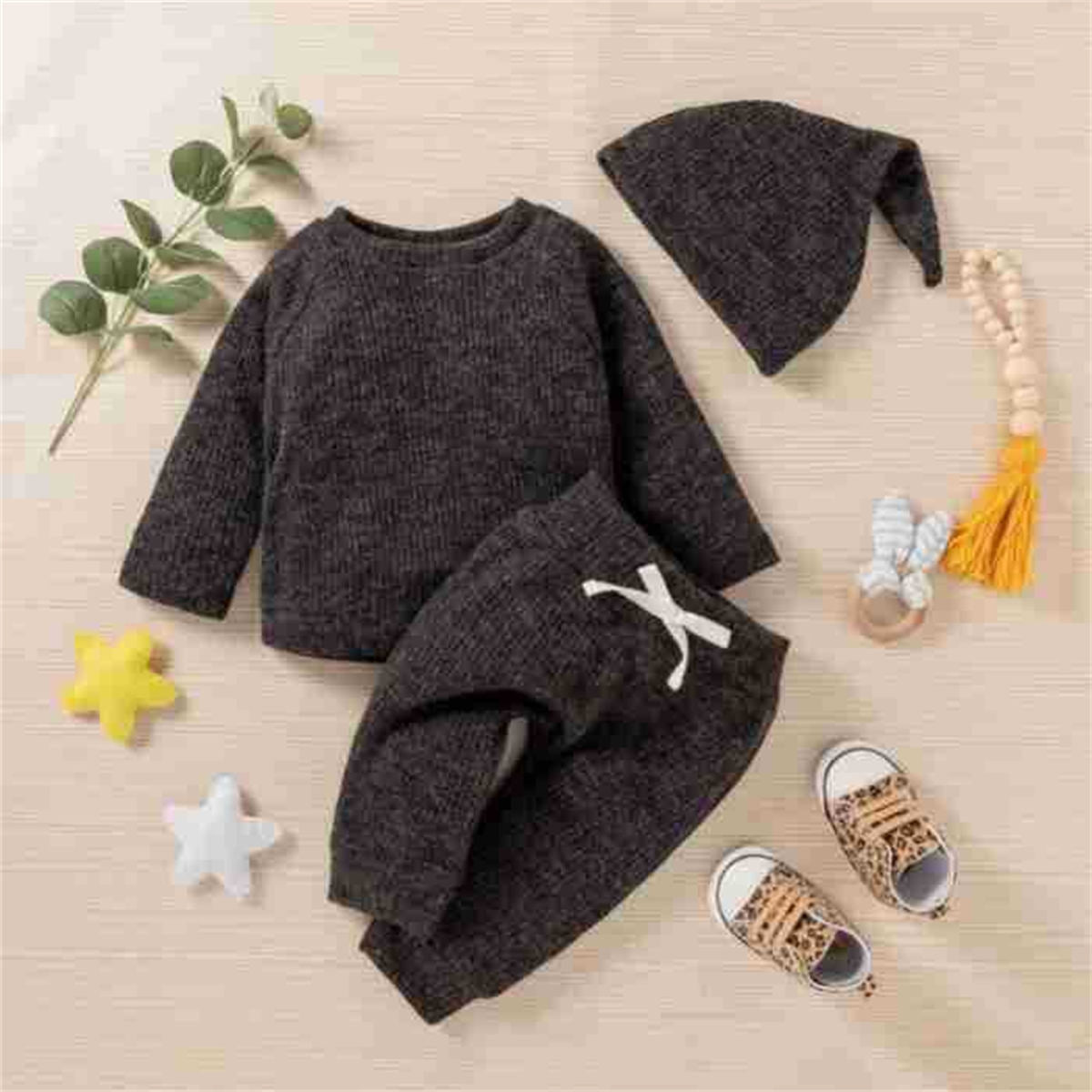 Infant and toddler knitted jacquard solid color three-piece sweatshirt children's clothing