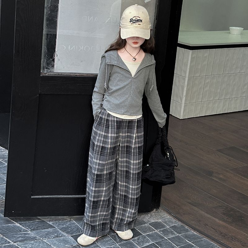 Solid Color Sweatshirt Casual Sports 2-Piece Set Plaid Trousers