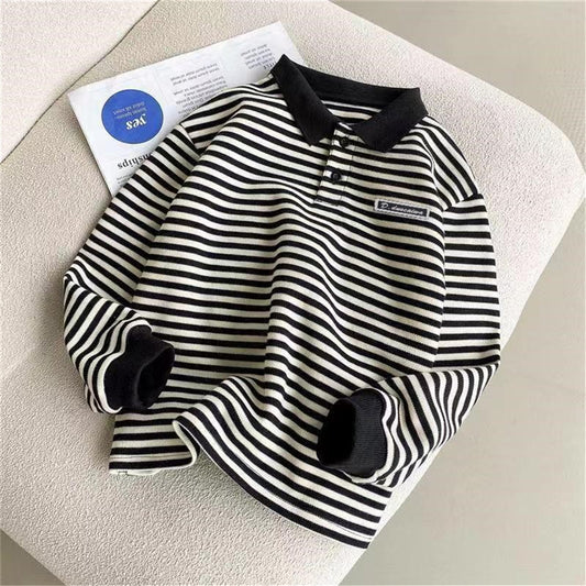 Children's long-sleeved POLO shirt black and white stripes fashion