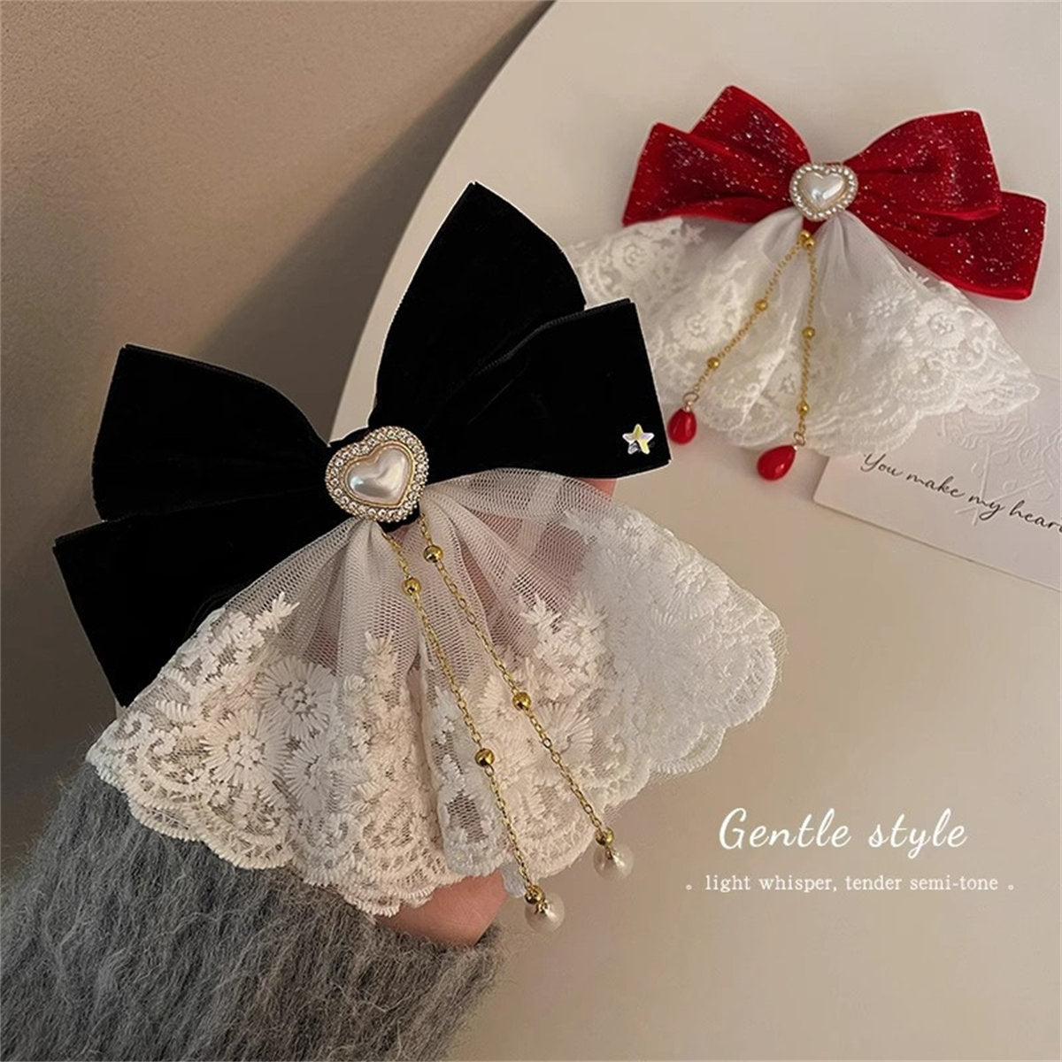 Women's Christmas sweet temperament lace red big bow single clip broken diamond hairpin