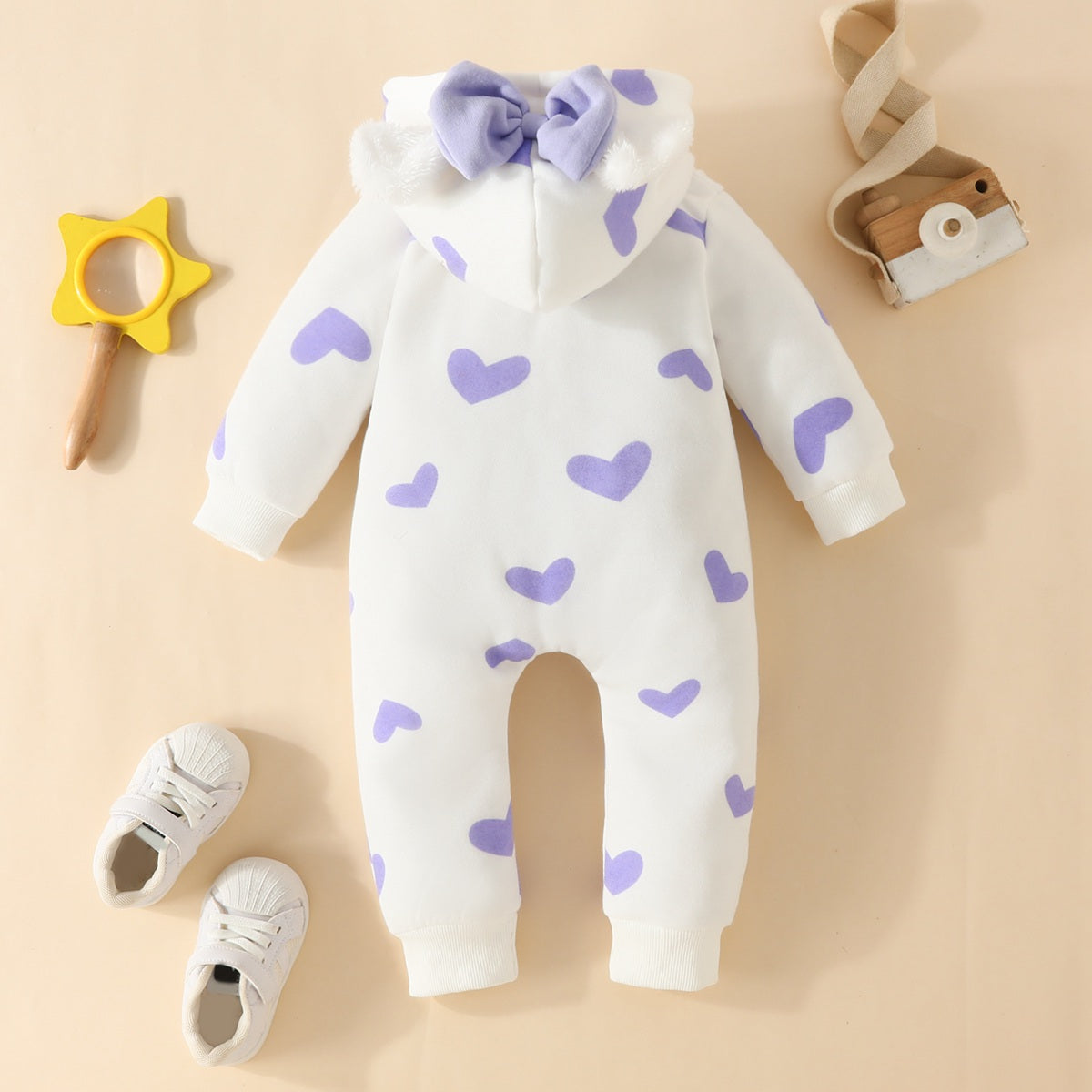 Baby Girl Allover Heart Printed Bowknot Decor Hooded Long-sleeved Long-leg Romper