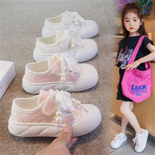 Little girl's pink pearl style sweet temperament comfortable bottom low-top canvas shoes