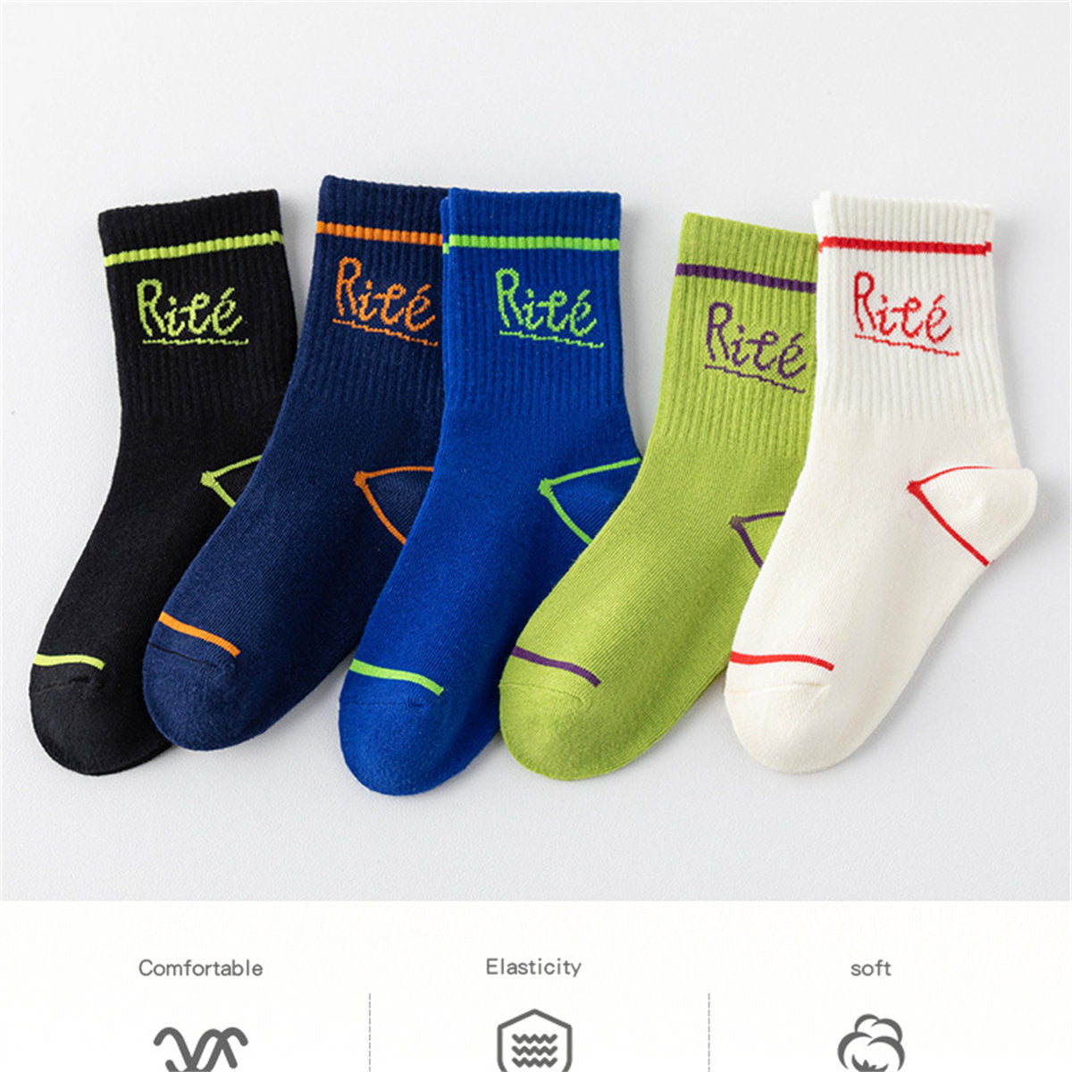 Children's 5-piece set for boys, bright color stitching, sports and leisure, pure cotton mid-tube socks