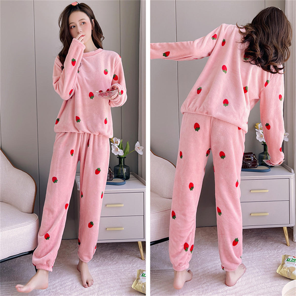 Women's autumn and winter round neck coral fleece pajamas with printed strawberry