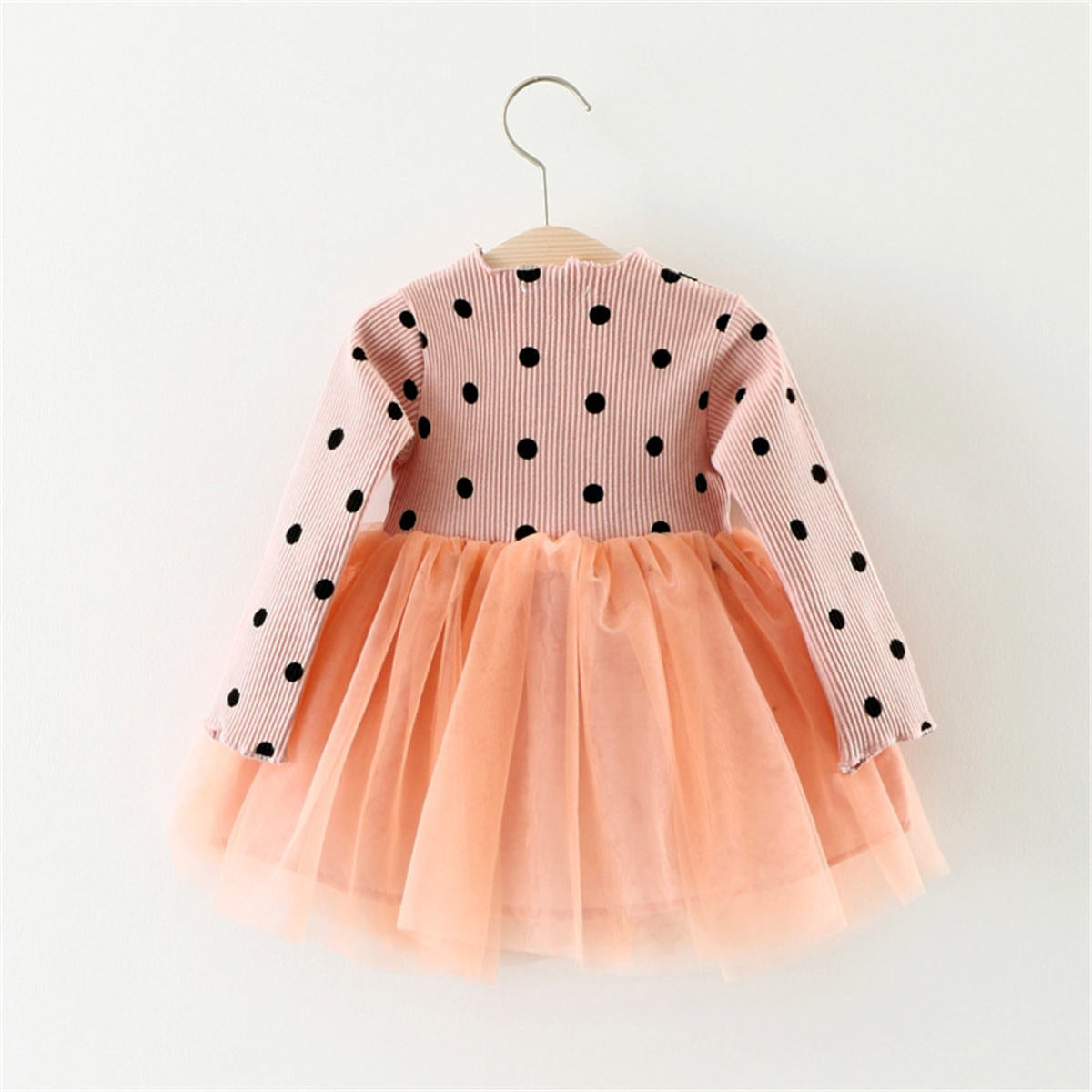 Girls Polka Dot Splicing Tulle Princess Dress Long Sleeve Dress