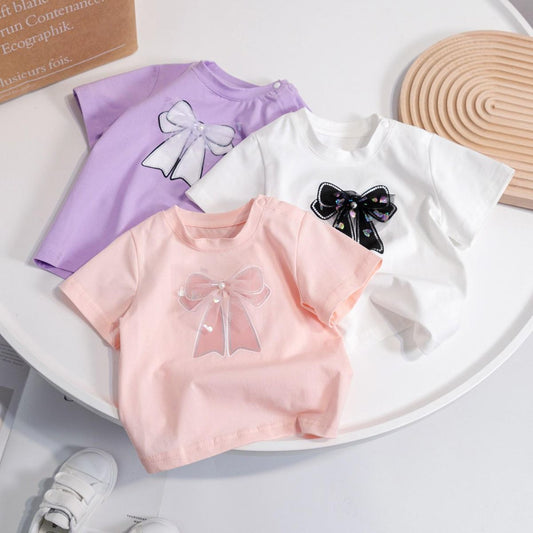 Girls' summer short-sleeved candy-colored fashionable and simple bow short-sleeved sweet T-shirt for small and medium-sized children