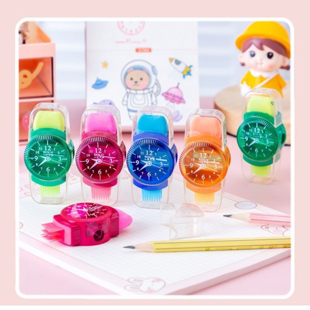 Children's creative watch shape pencil sharpener with eraser cleaning brush three in one multifunctional pencil sharpener for primary school students