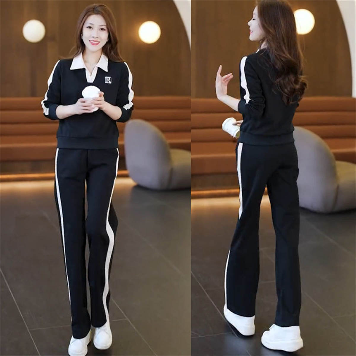 Women's simple lapel sweatshirt + sweatpants two-piece set