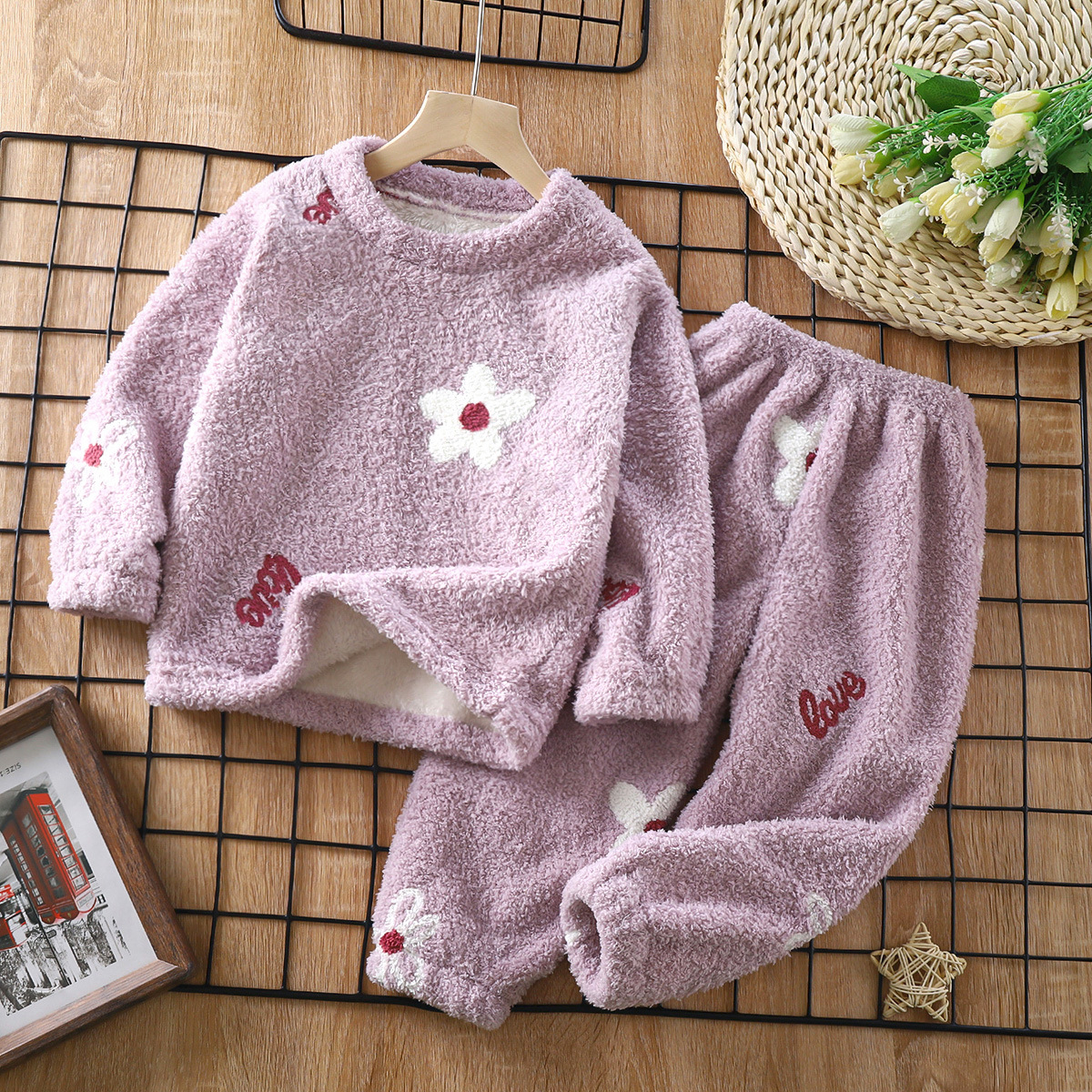 Fluffy warm home clothes two-piece set cartoon cute pajamas home set