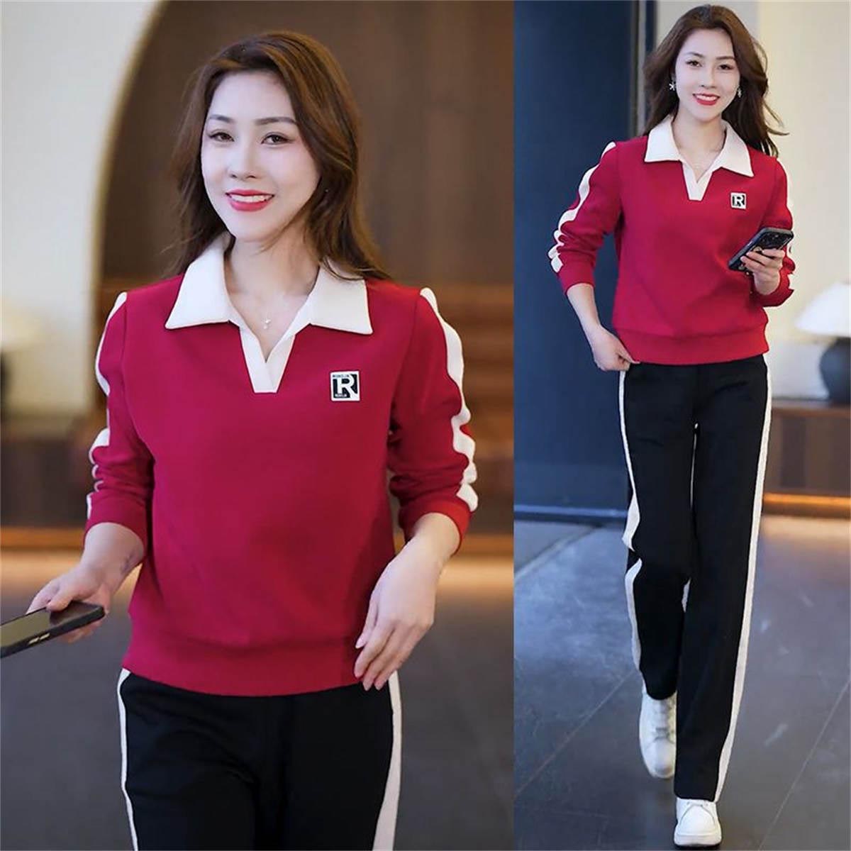 Women's simple lapel sweatshirt + sweatpants two-piece set