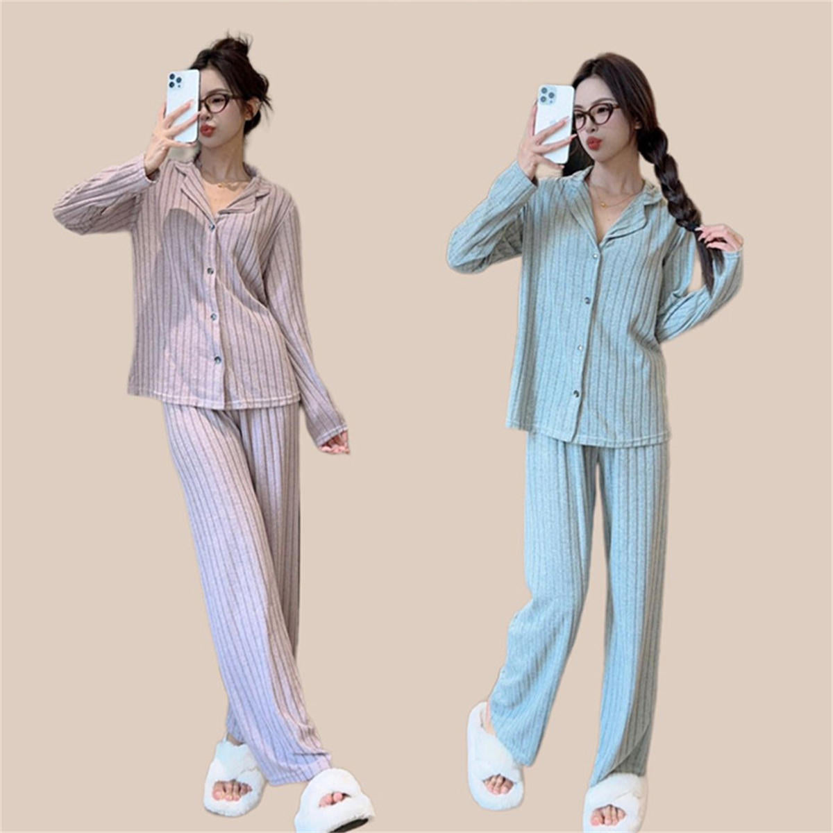 Simple Brushed Striped Women's Autumn and Winter Pajama Set