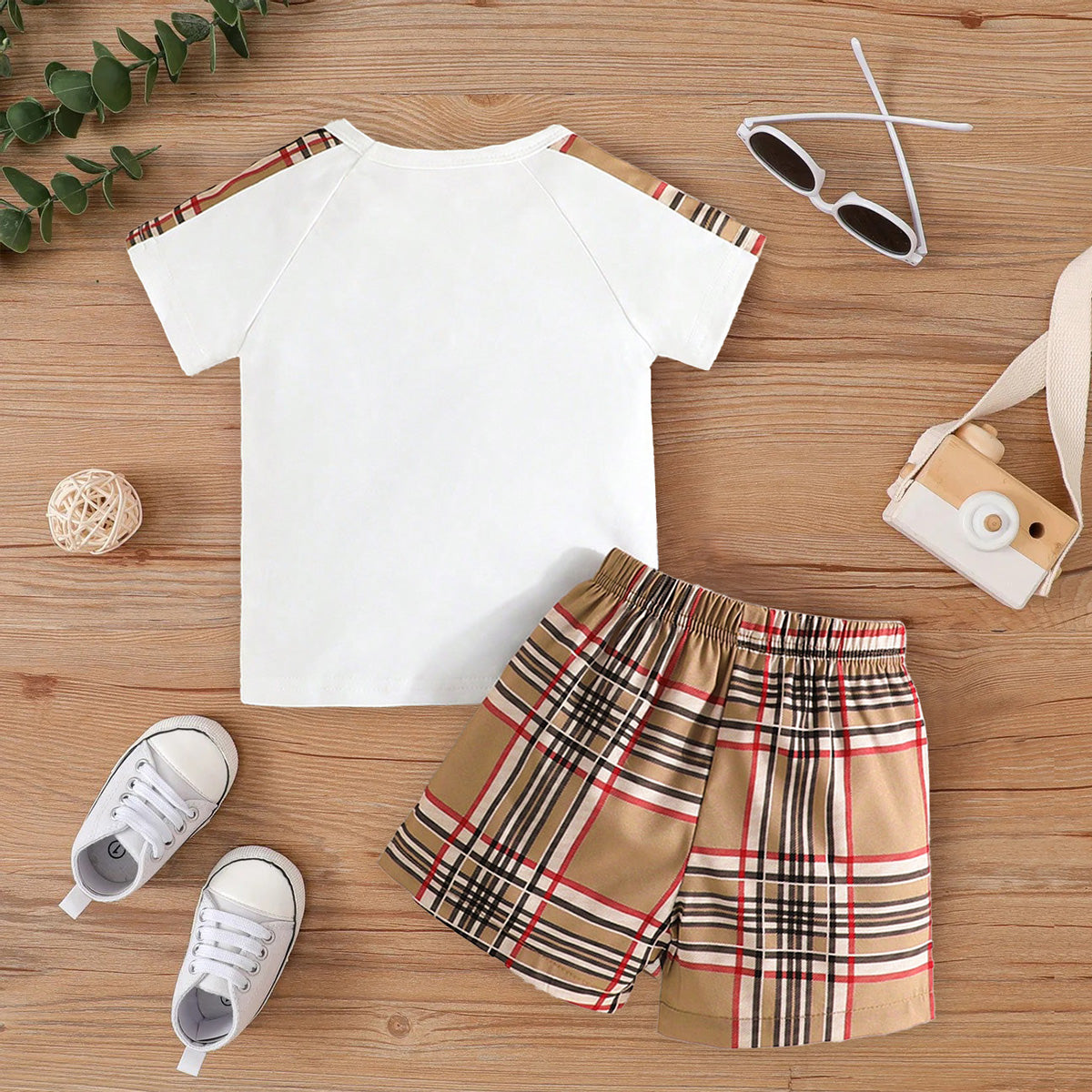 Baby Boy Casual Street Style Color Block Top And Plaid Print  Shorts Set For Spring/Summer