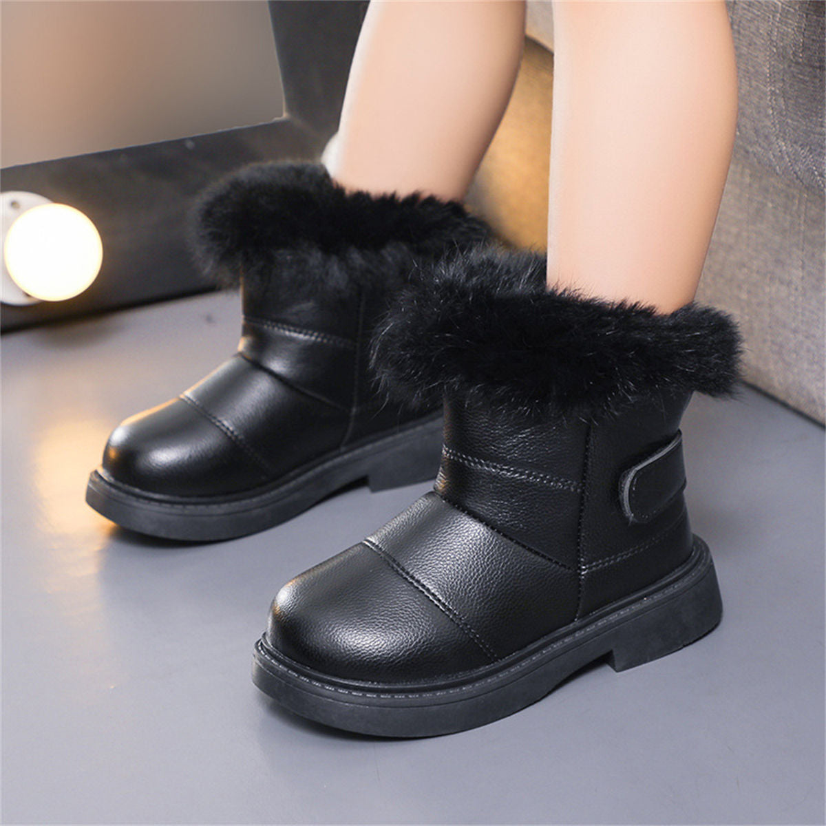 Children's girls winter plush solid color cute plush edge waterproof cotton boots