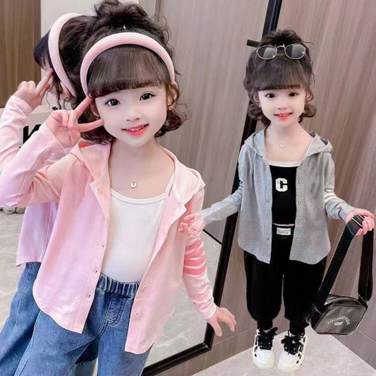 Girls new spring and autumn hooded cardigan baby casual fashion button hooded cardigan jacket children