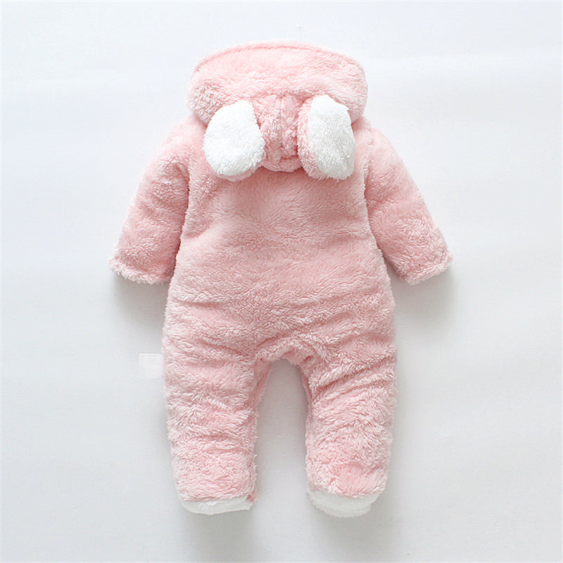 Baby Solid Color Bear Ear Plush Long-sleeved Long-leg Romper