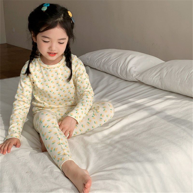 Girls floral home wear long sleeve pajamas warm two piece set