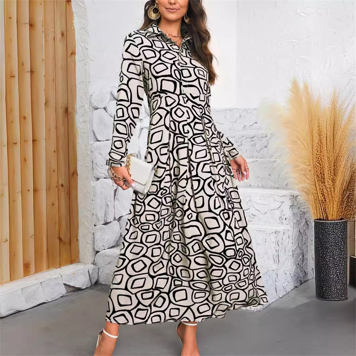 Lapel Printed Long Sleeve Ladies Bohemian Beltless Dress