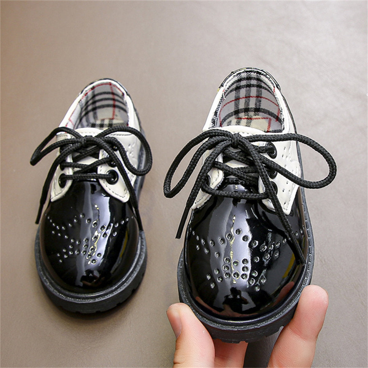 Little boy's spring and autumn British gentleman style party performance plaid waterproof water-soled leather shoes