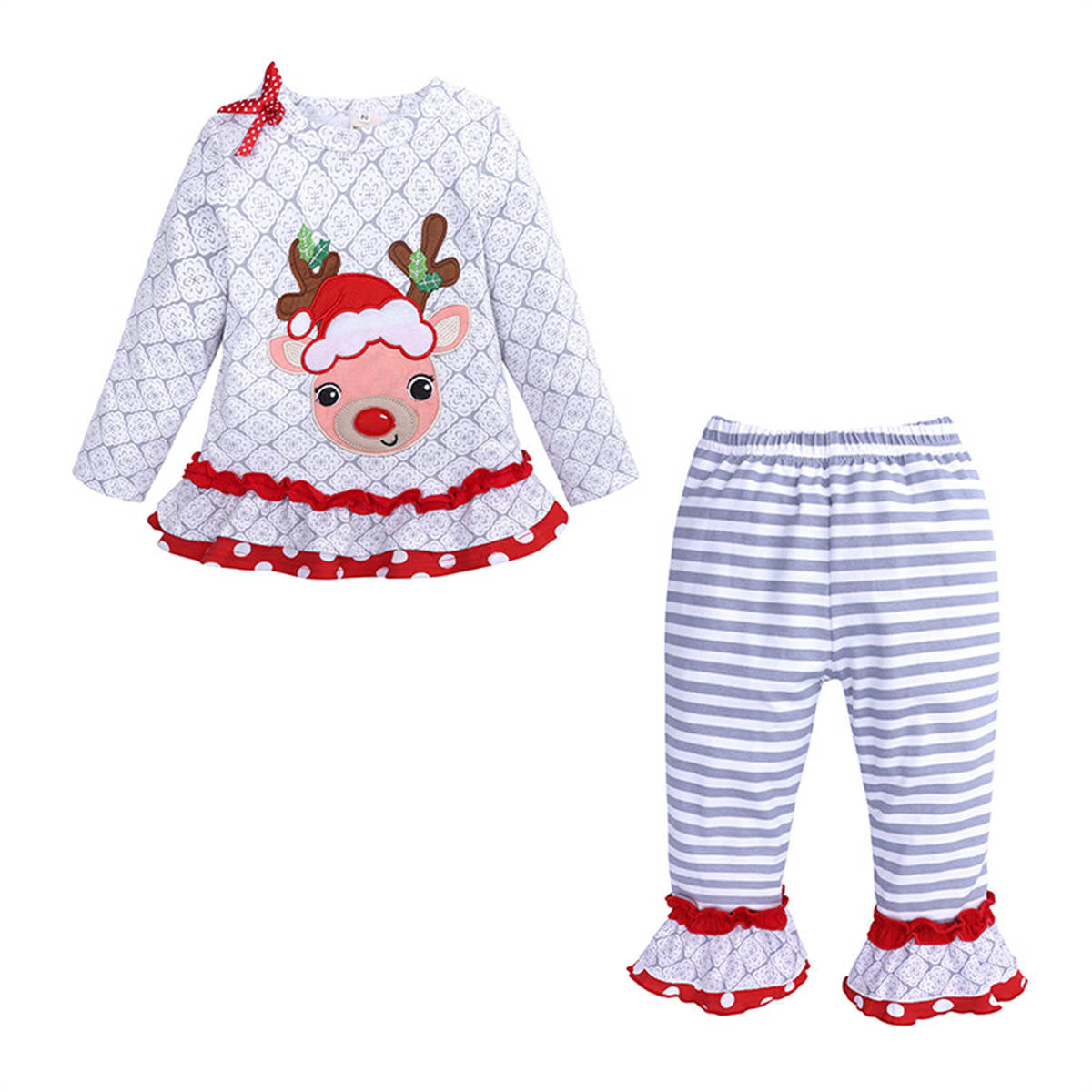 Christmas Girls Long Sleeve Elk Top + Striped Pants Set