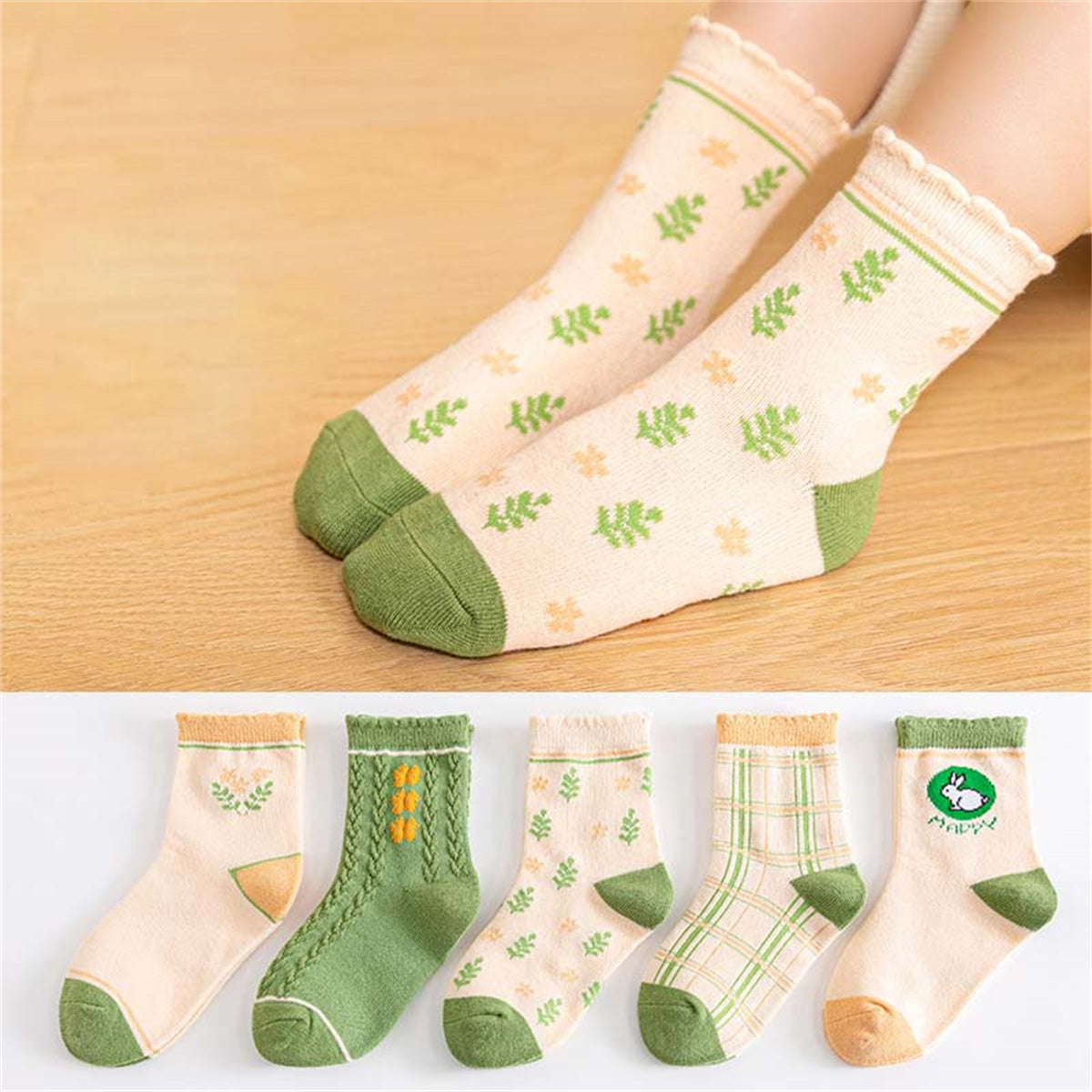 Children's girls autumn and winter fresh green soft skin-friendly breathable socks set