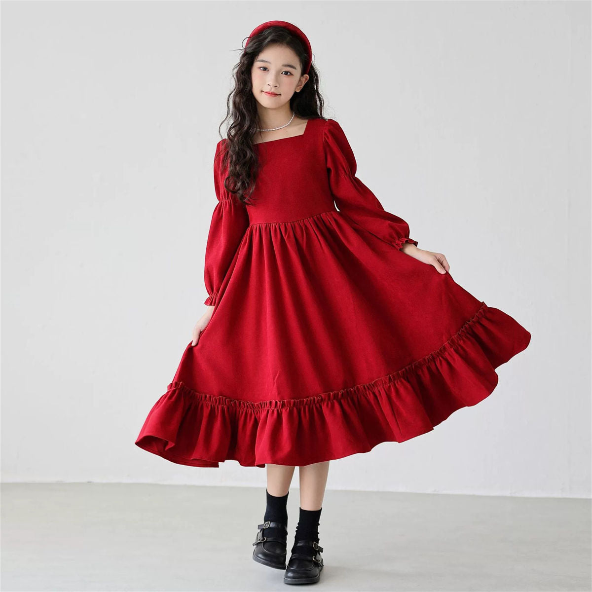 Autumn red elegant lady-style lace long-sleeved dress for middle and large girls