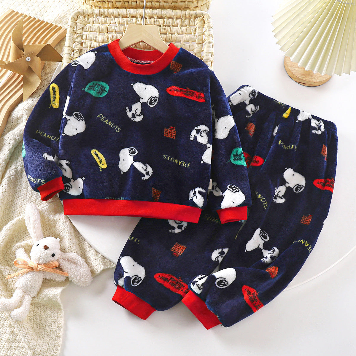 Baby Thickened Boys Flannel Underwear Warm Cartoon Print Pajamas 2-Piece Set