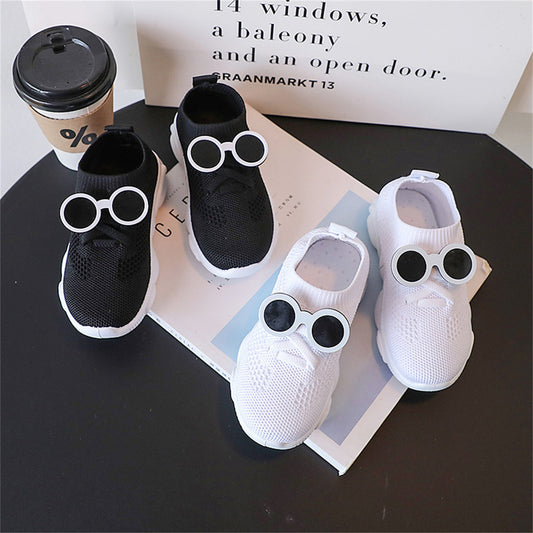 Children's mesh breathable casual style solid color soft bottom glasses flying woven sports shoes